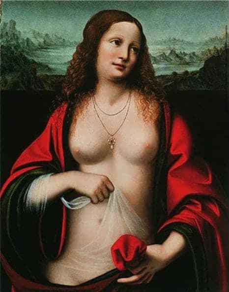 A Renaissance panel of Mary Magdalene with loose auburn hair and a crimson robe, a lake and mountains behind her