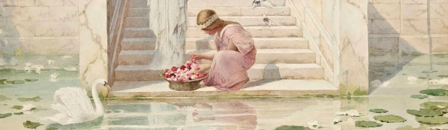 A watercolour of a woman kneeling on marble steps to gather roses into a basket, a swan gliding across the lily pond below her
